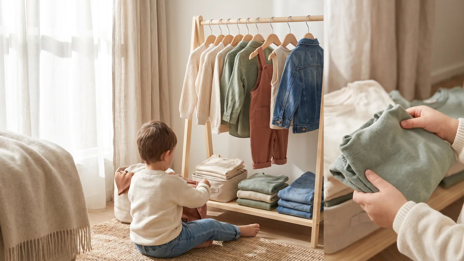 Symbolbild: Kinderkleidung hängt griffbereit an einer kleinen Kleiderstange.