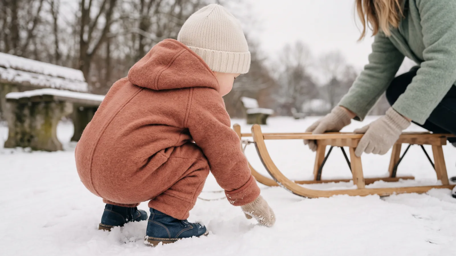Kleinkind im passenden Schneeanzug beim Spielen im Schnee